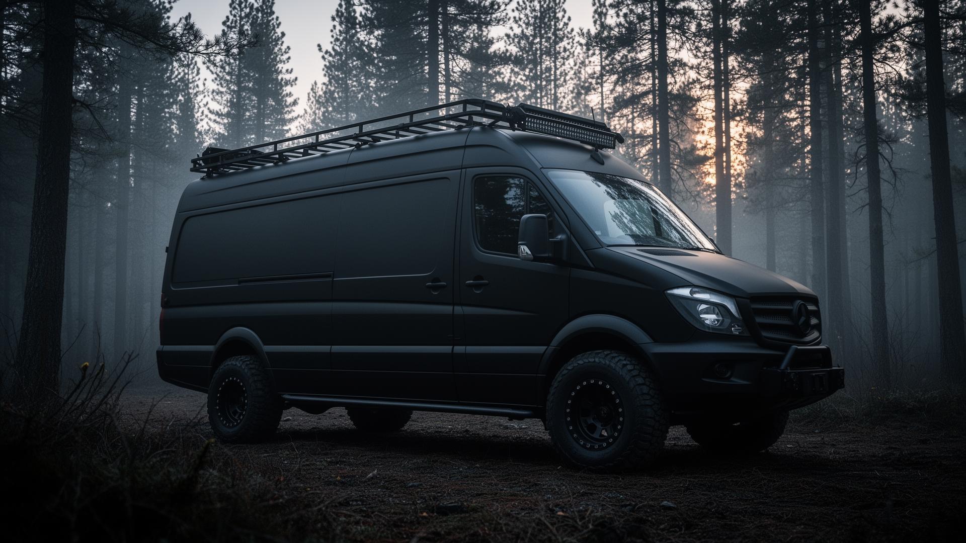 Tactical custom van in Canadian pine forest